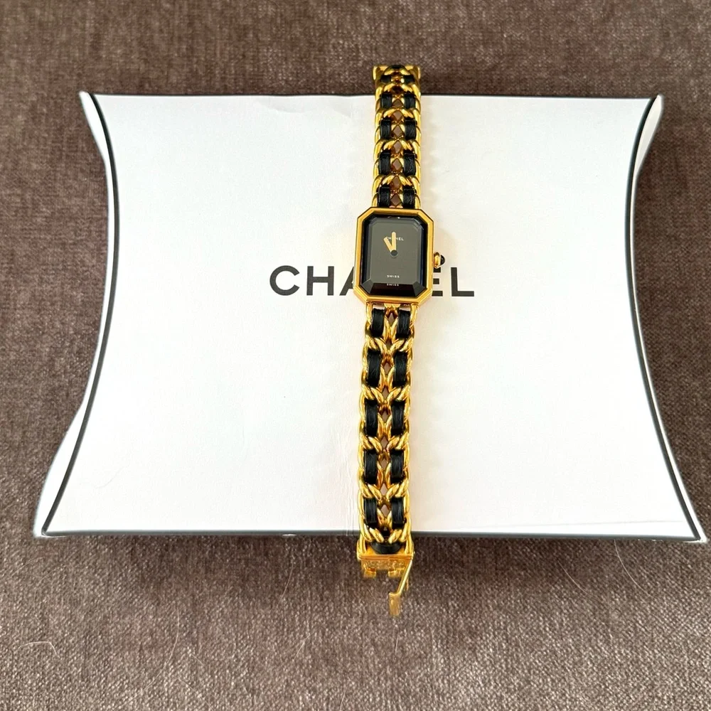Authentic CHANEL Premiere watch size Medium M gold and black leather bracelet